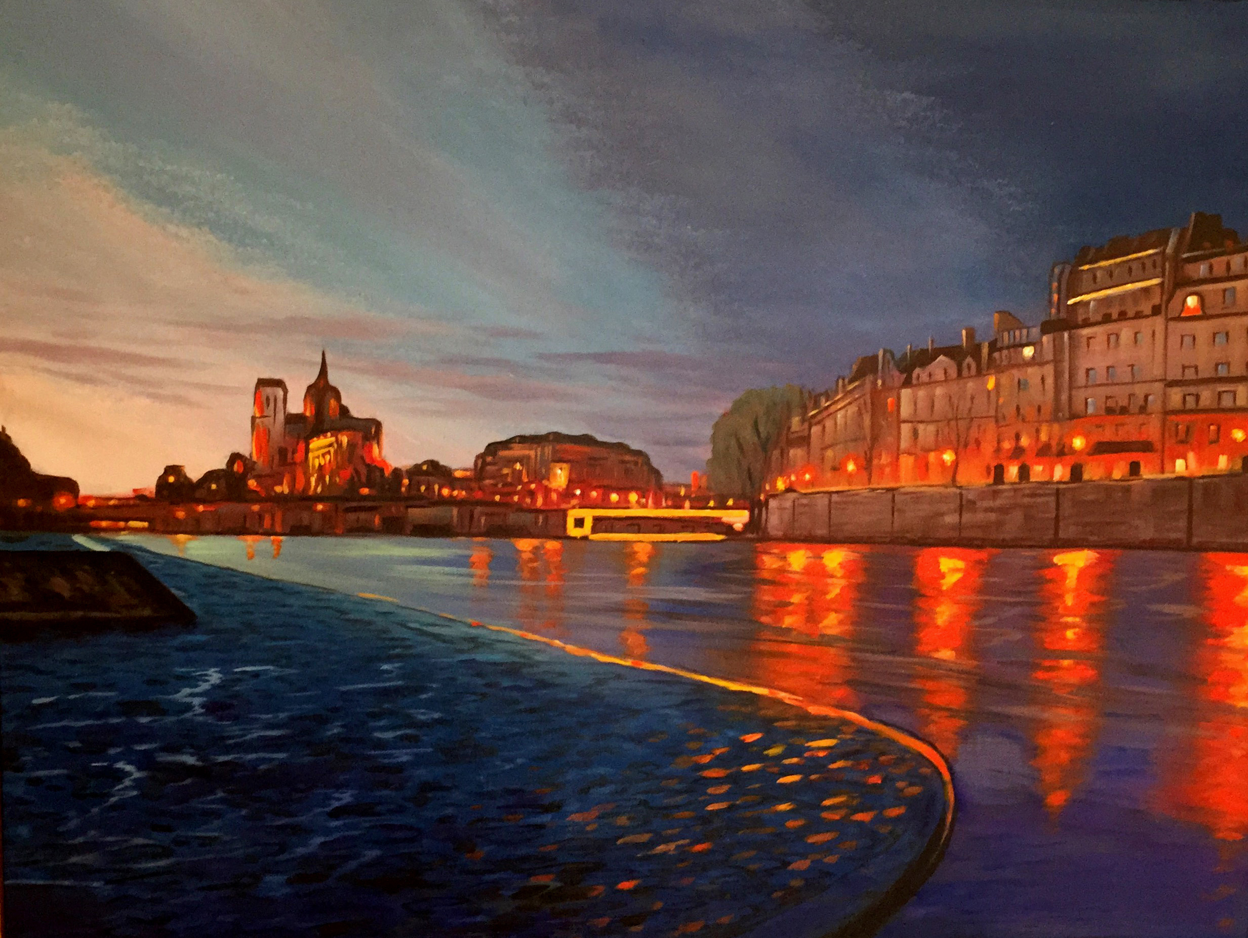 Across the Seine — oil on canvas, night reflections along the river