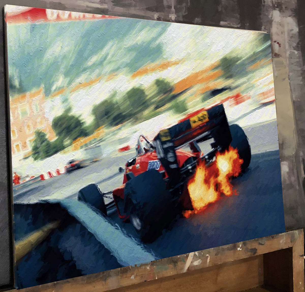 Coming in Hot — oil on canvas, vintage Formula 1 with exhaust flames
