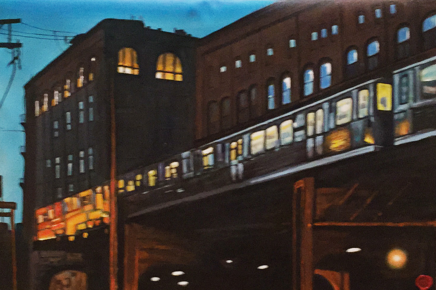 Echoes on the Elevated — oil on canvas, city rail structure and shadow