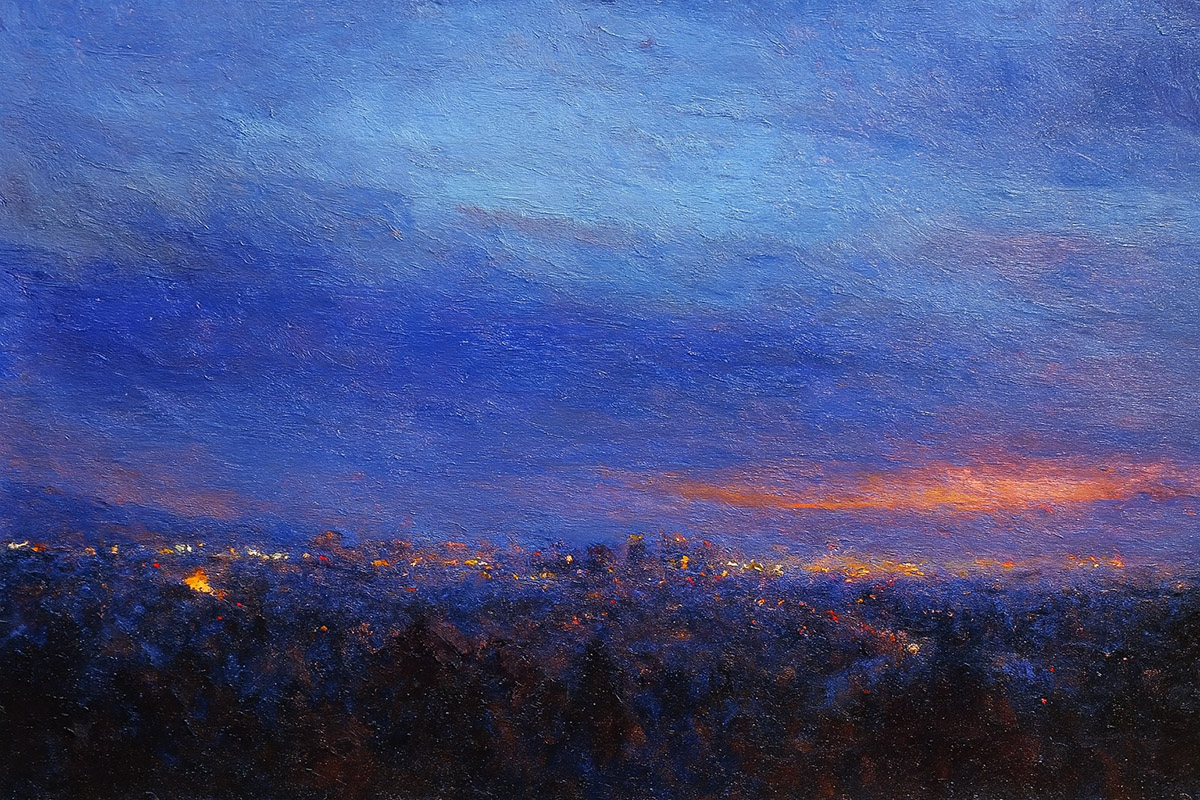 Last Light — oil on canvas, warm sunset glow across water and stone