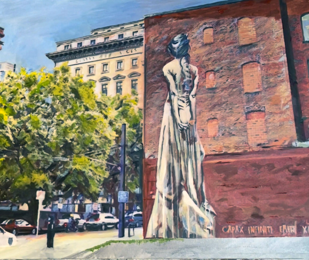 Quiet Contemplation — oil on panel, statue against brick in soft daylight